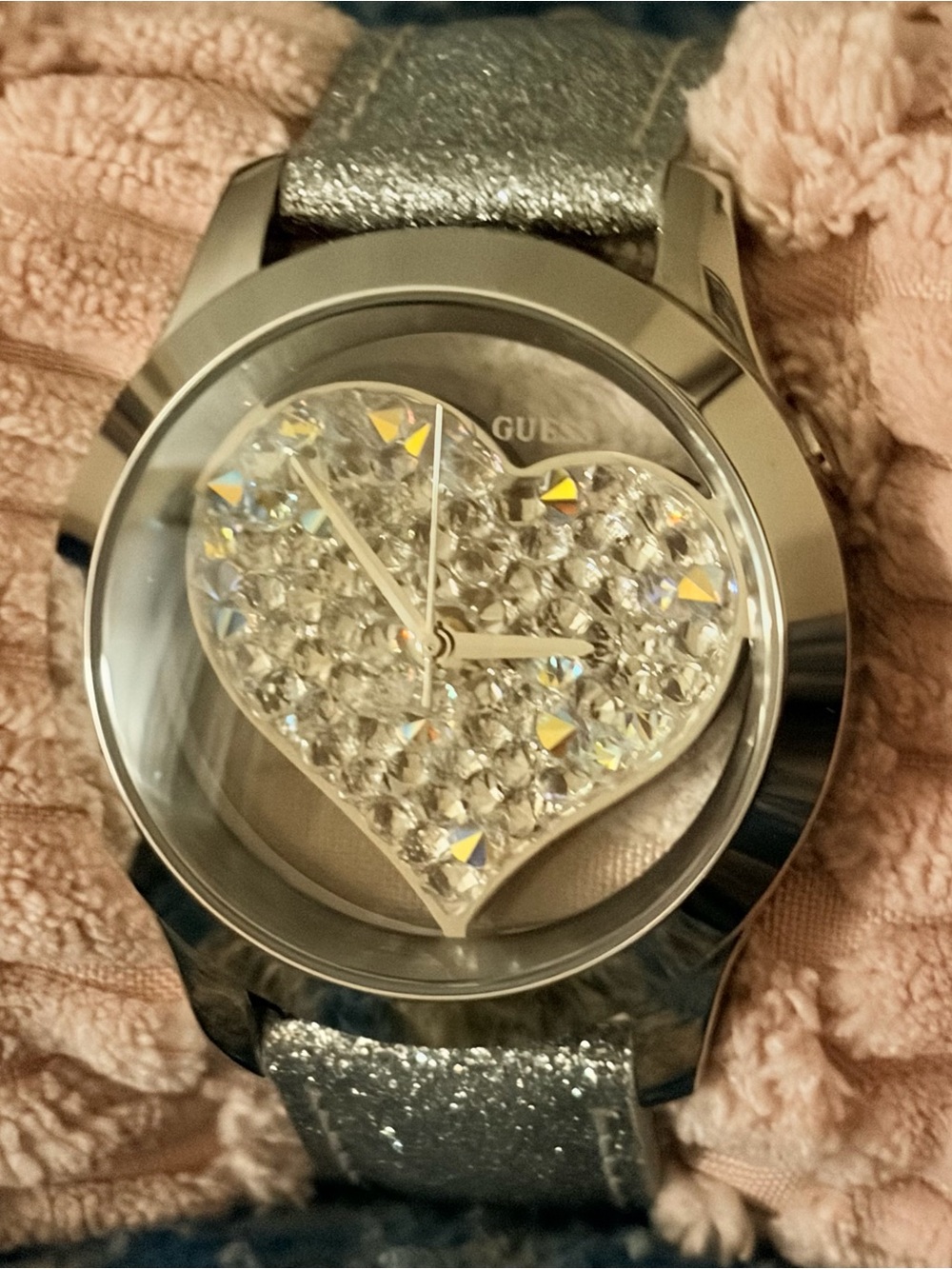 GUESS Silver Glitter Heart Crystal Watch